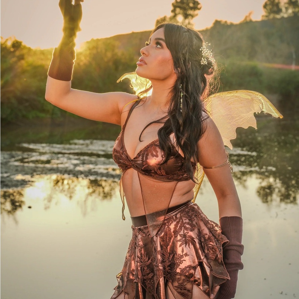 iHeartRaves Bronze Floral Metallic Lace Crop Top and Skirt Set